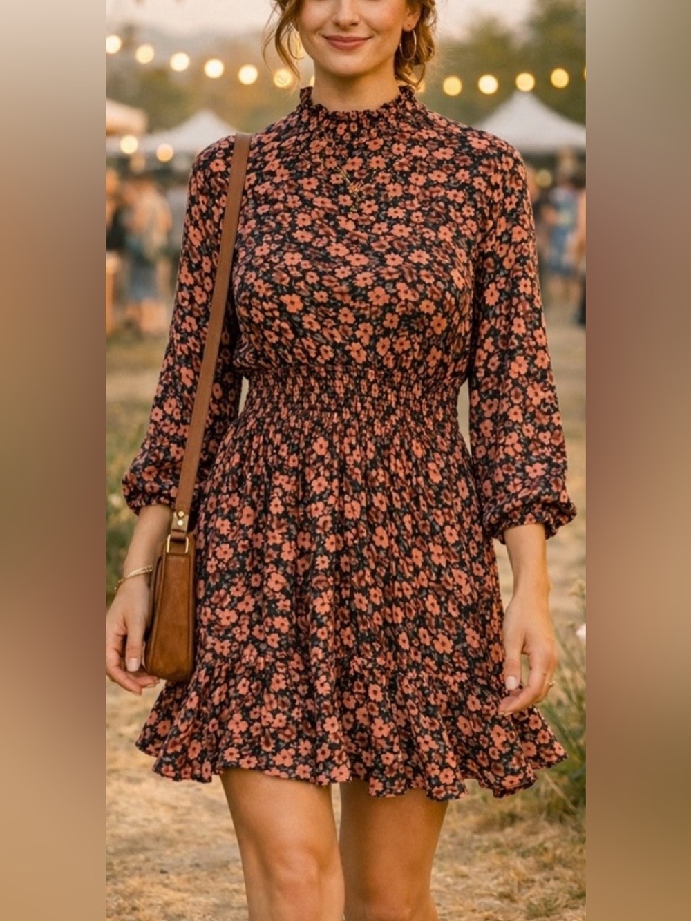 Zara Ditsy Floral Dress Long Sleeve Boho-Chic Cottagecore Autumn Chiffon Sz S